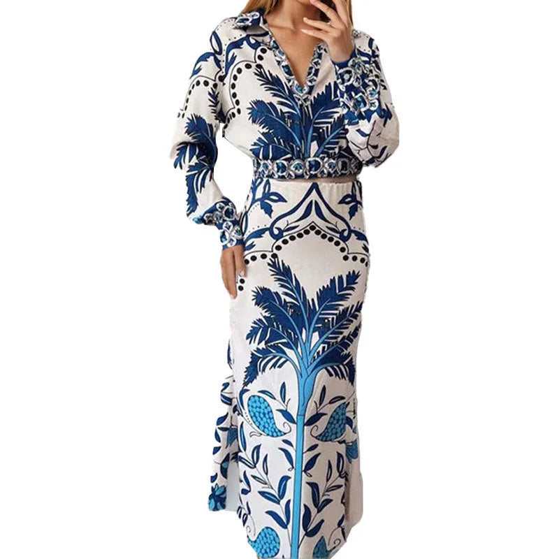 Women's long sleeve top and long skirt two-piece casual set in picture colour, loose fit.