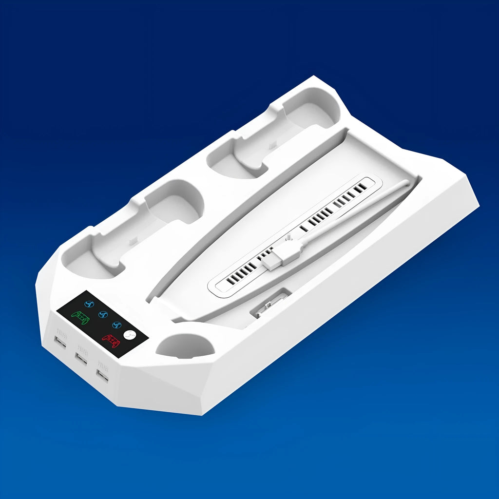 PS5 charging cooling station with controller storage slots and integrated fan in white or black