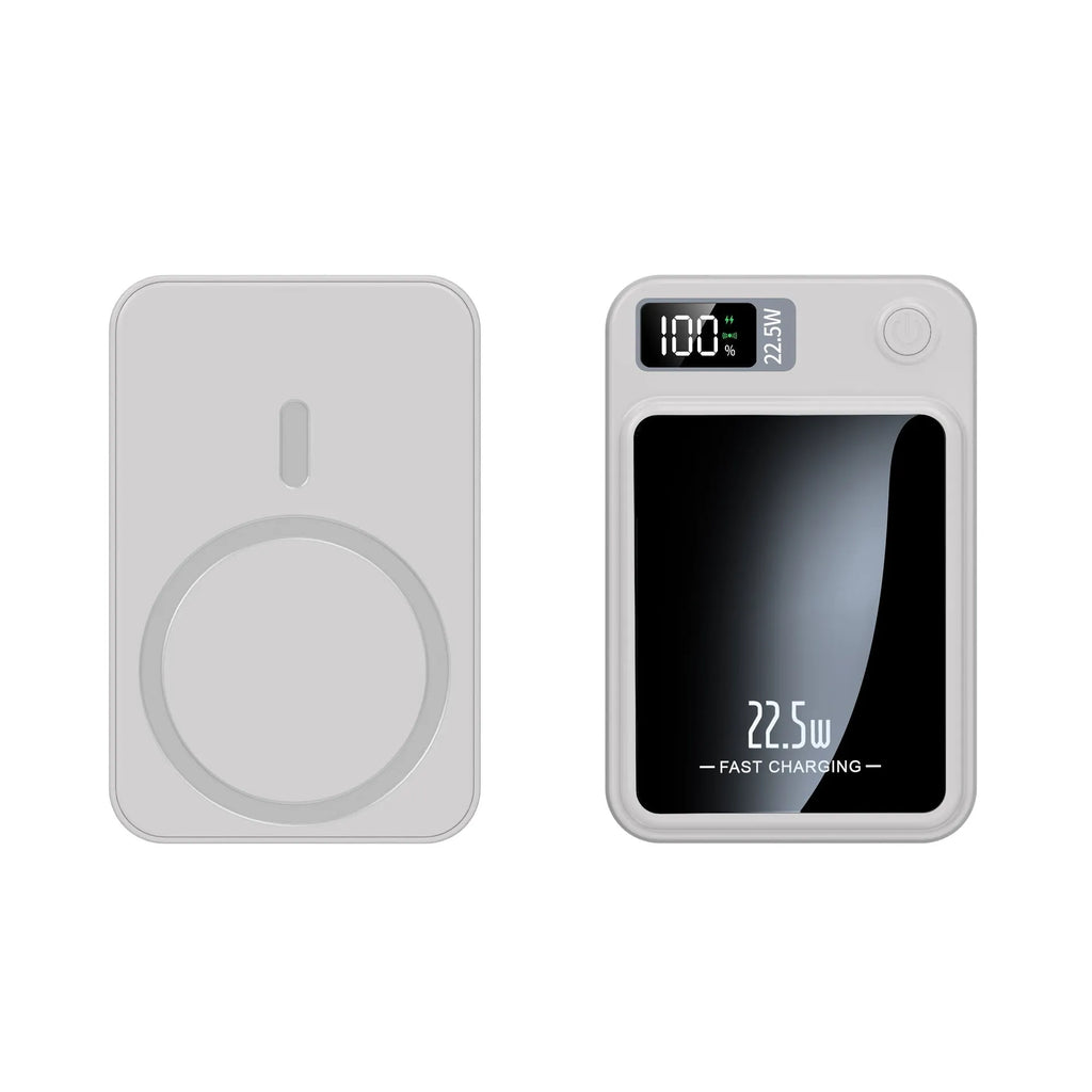 Wireless Magsafe power bank in black, white, purple, or green, showing compact industrial design.
