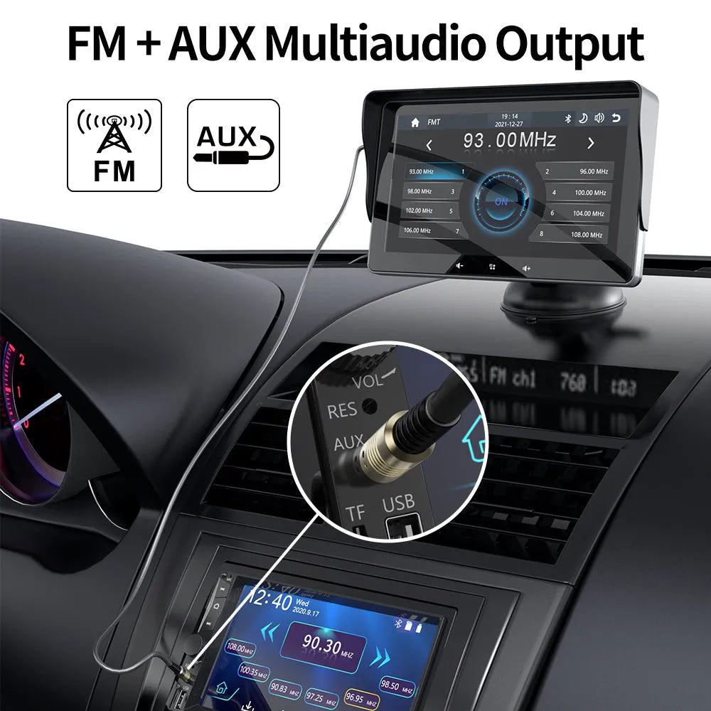 7-inch car wireless CarPlay display with suction cup mount and cigarette lighter power cable
