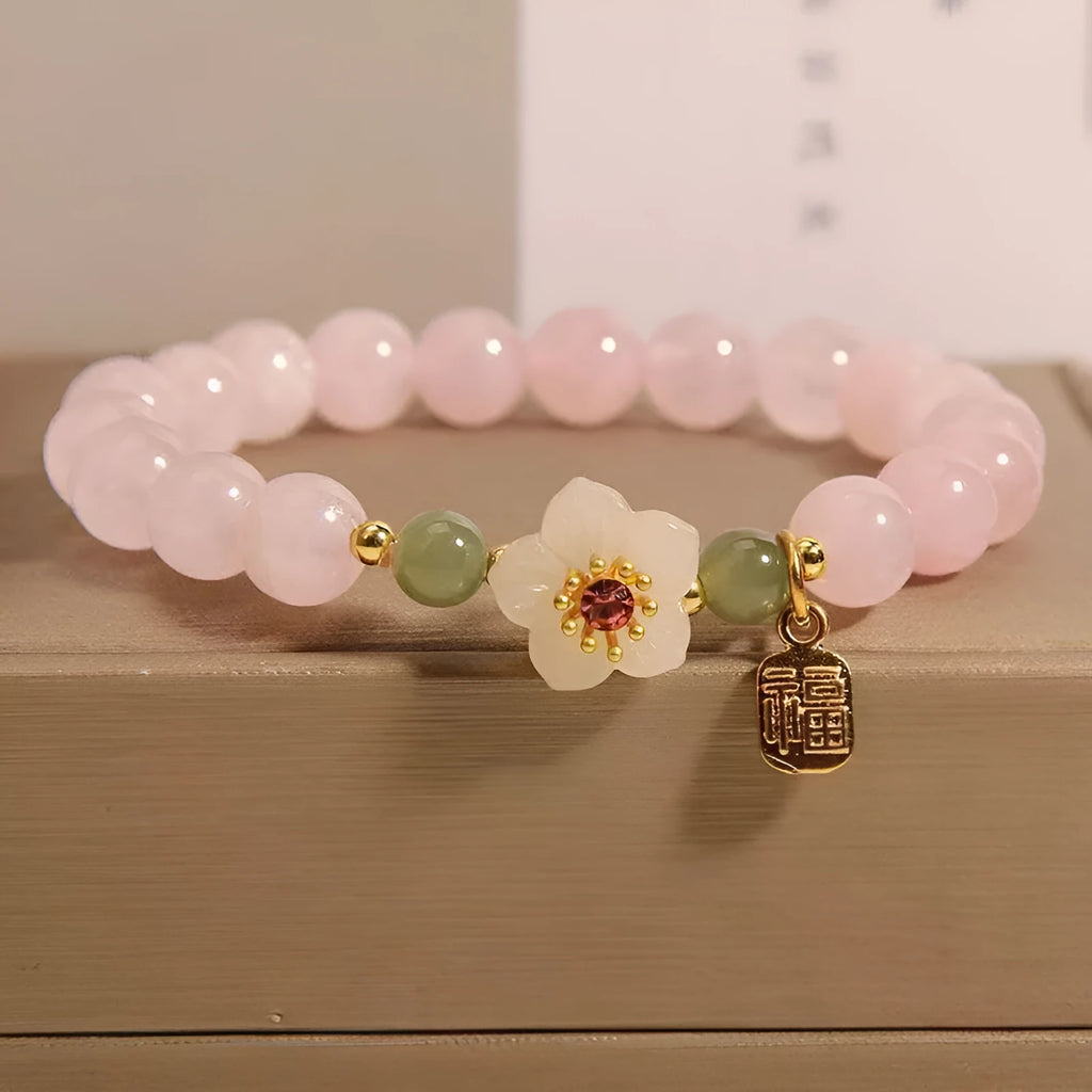 Crystal Hetian Jade beaded peach blossom bracelet with fruit-shaped beads and camellia elements in blessing card colour