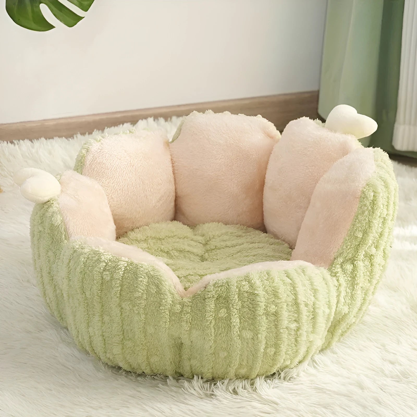 Green cactus print soft cat kennel showing enclosed pet house design.