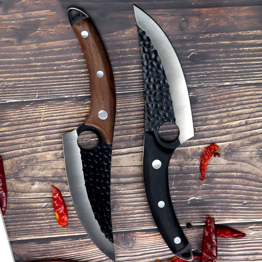 Forged curved boning knife with 5CrMoV15 high carbon steel blade and leather sheath in black or brown.