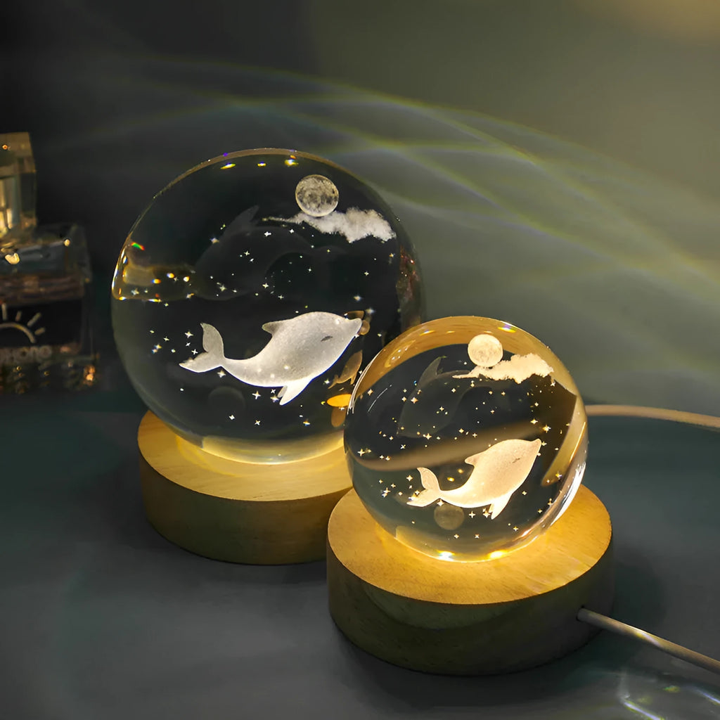 Transparent crystal ball night lamp with 3D carved jellyfish design, showing 6cm size on round base.
