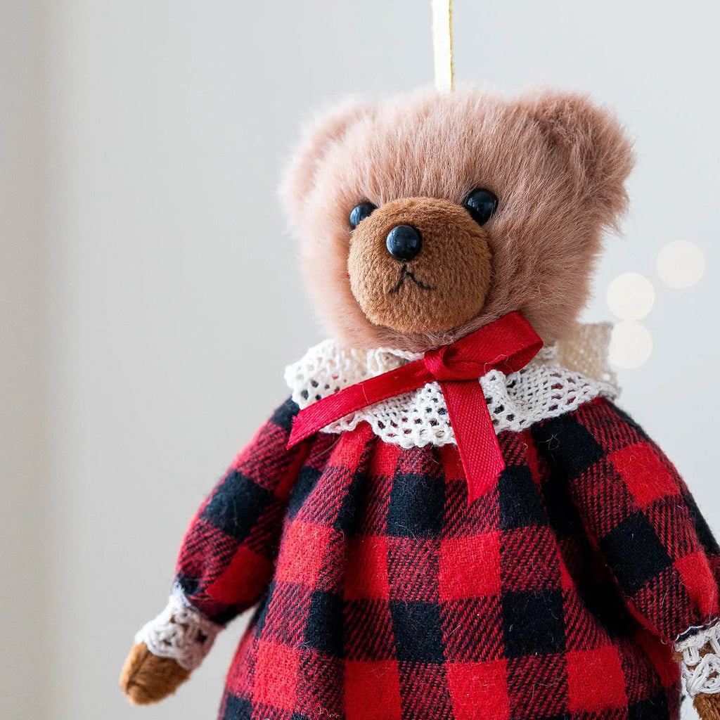 Cartoon plush bear doll couple in suit plaid design showing gentleman bear and princess bear options