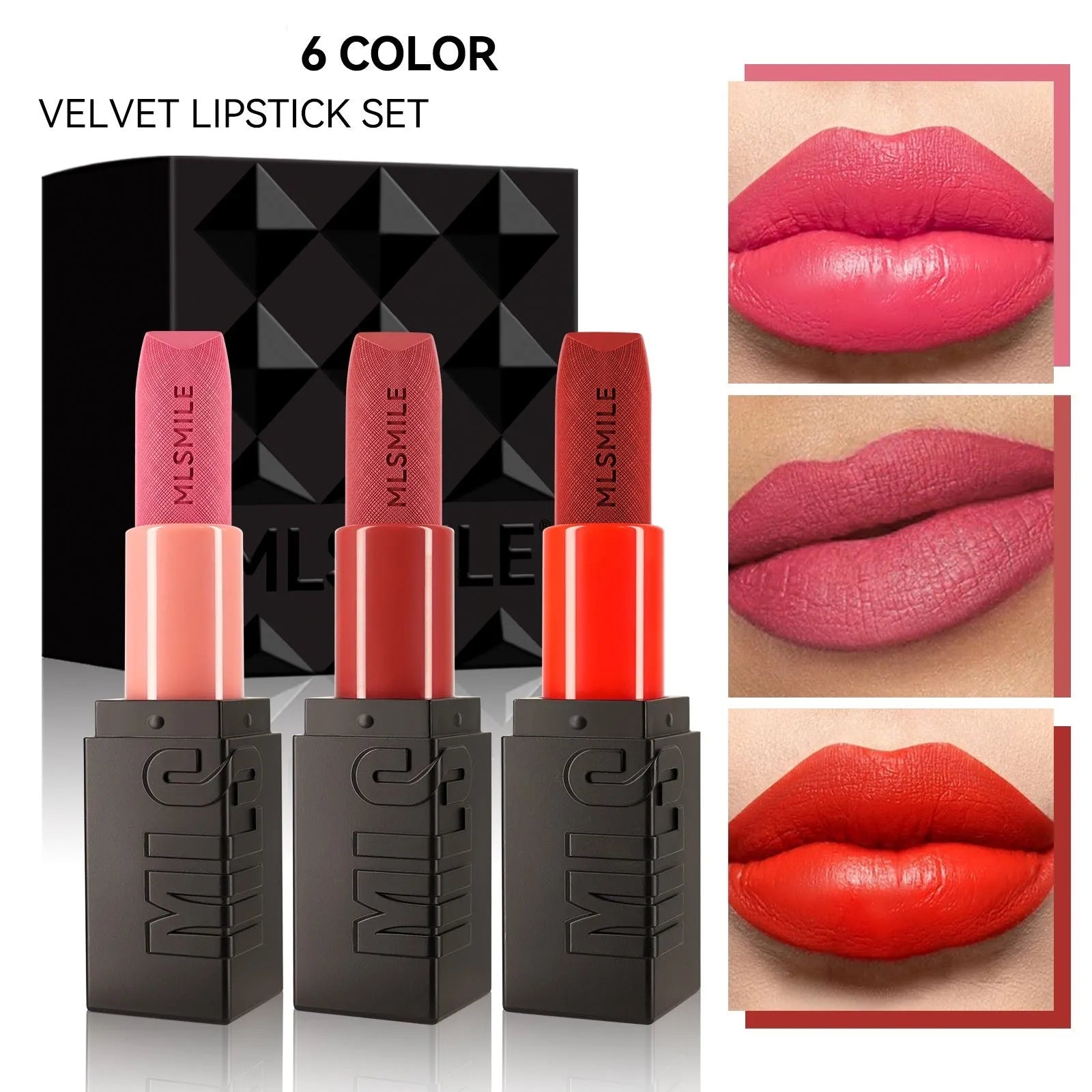 MLSMILE embossed lipstick set of three tubes in a box measuring 7.7cm by 6.8cm.