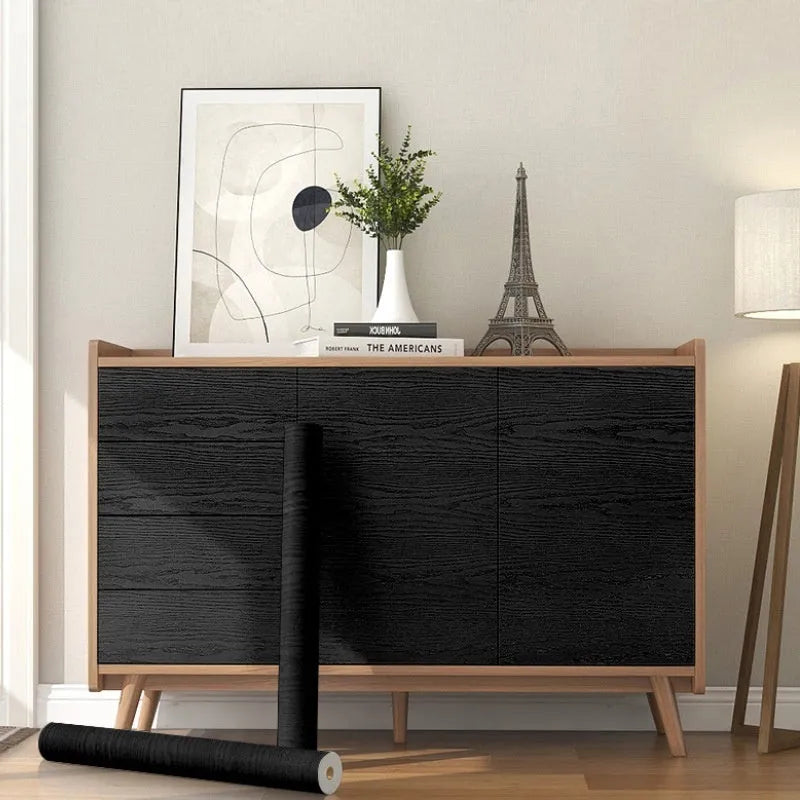 Self-adhesive black wallpaper roll, 40cm wide PVC, pure black wood grain, waterproof furniture renovation sticker