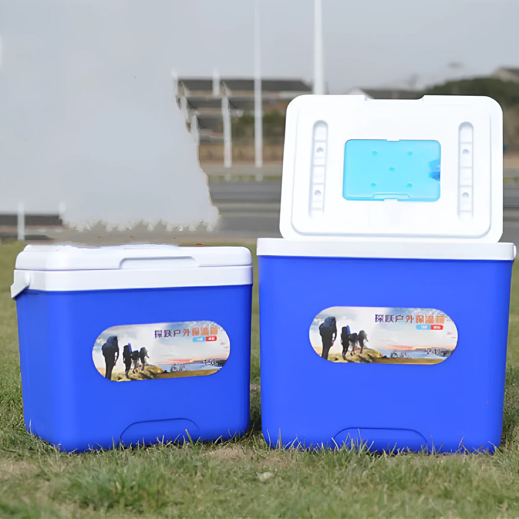 Blue aluminium foil insulated cooler box with choice of seven capacities.