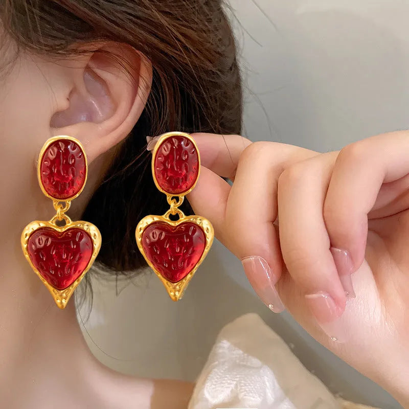 Silver needle pleated oval love heart stud earrings in purple, red, green, yellow/white colour options
