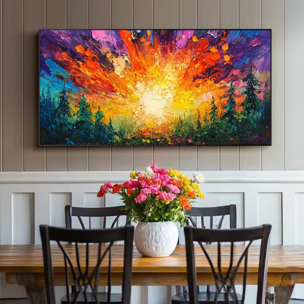 Hand-painted oil painting of sun rising in deep forest with brilliant light, modern landscape canvas art for home decoration