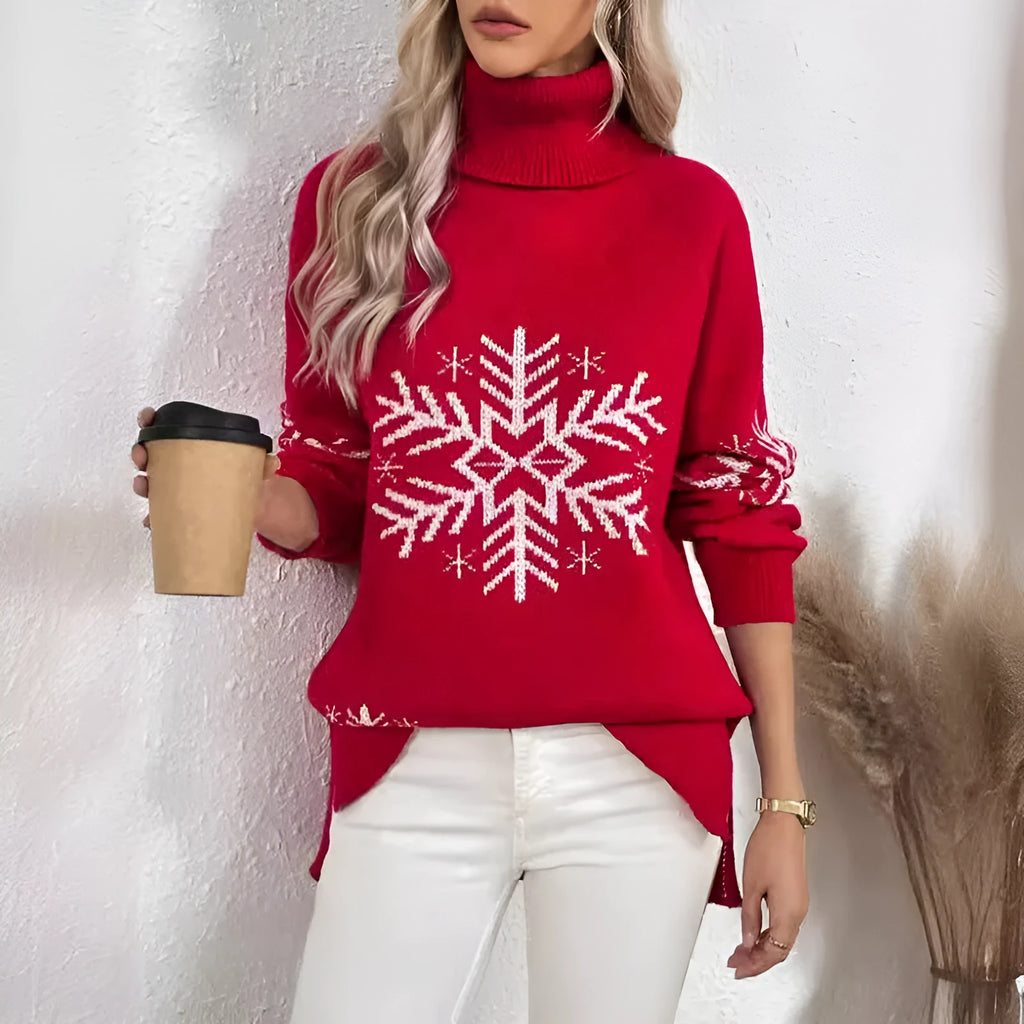 Women's high collar jacquard knit pullover sweater with plants and flowers pattern, medium length 65cm