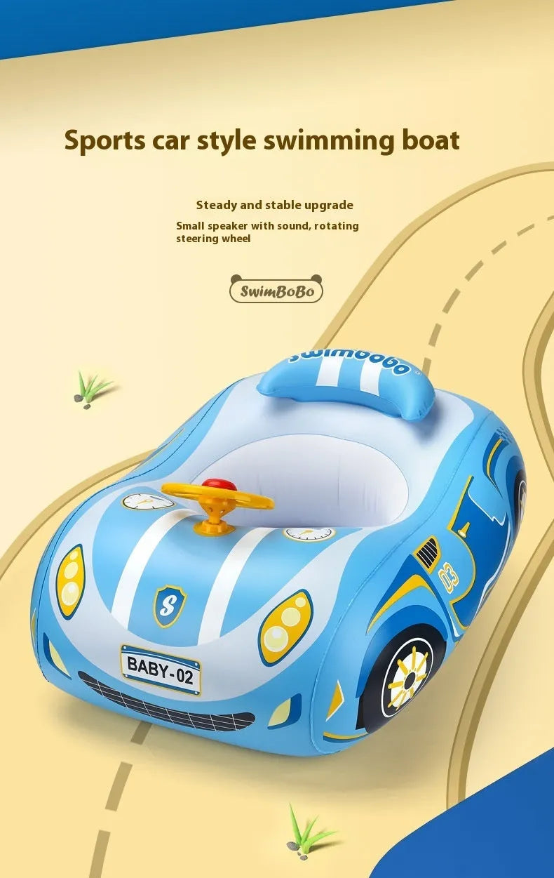 Pink inflatable car swimming ring for kids with a steering wheel, for pool and beach use.