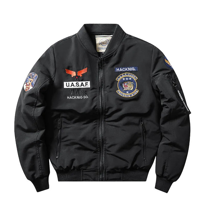 Men's slim-fit black retro motorcycle-style cotton-padded coat with stand collar and embroidery.