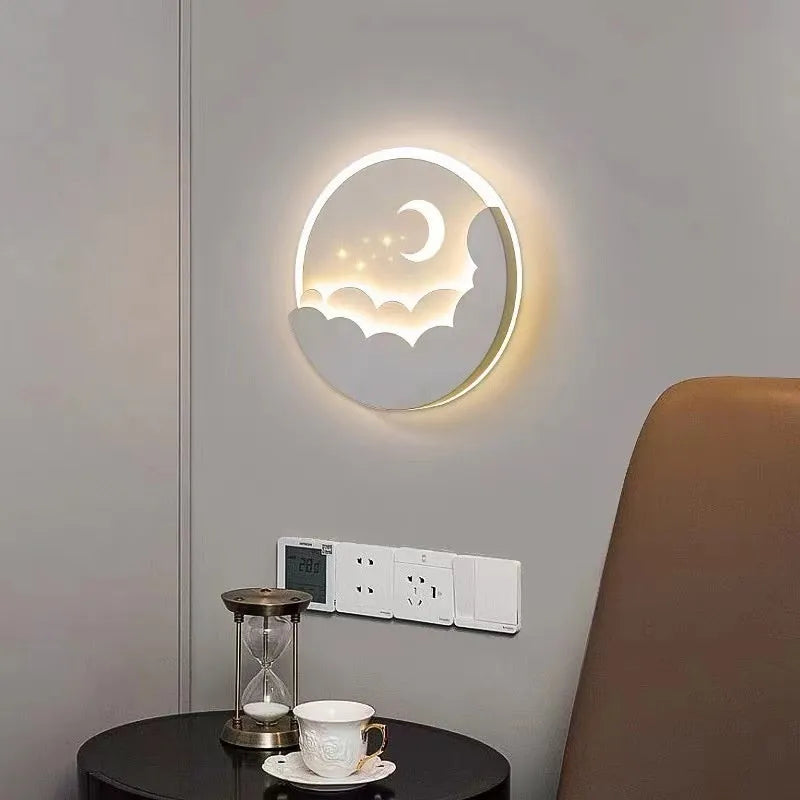 Modern minimalist bedside wall lamp with 28W, 25cm diameter, and adjustable light colour on a hallway wall