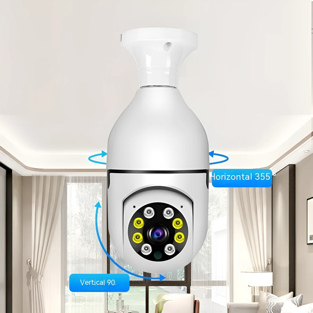 Wireless bulb security camera with plastic and metal construction measuring 5cm by 12cm