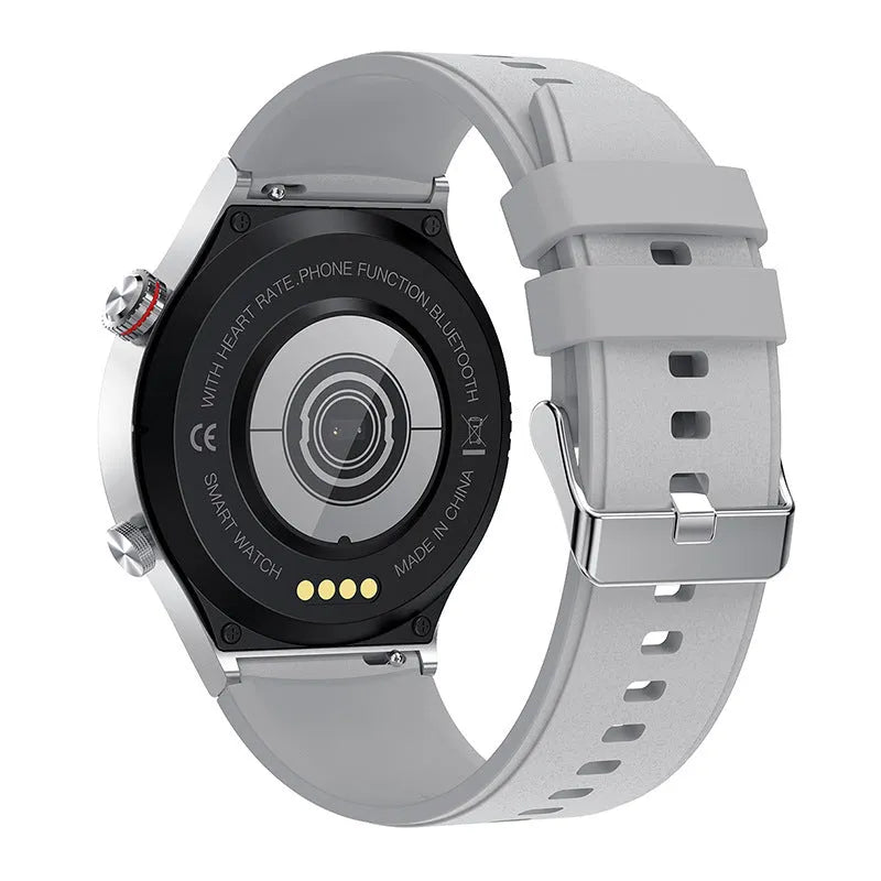 Black smart watch with silicone band and a 1.28-inch screen displaying health metrics.