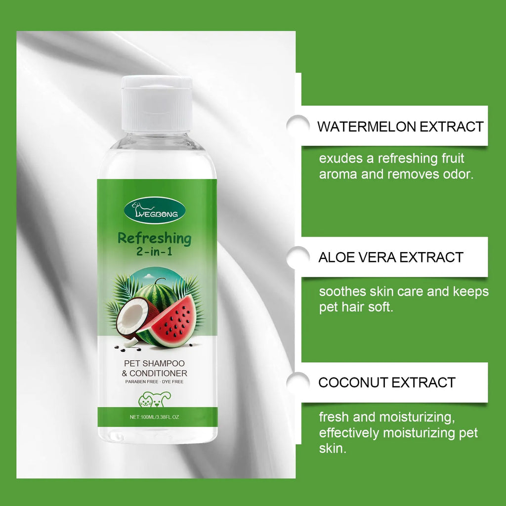 100ml bottle of pet 2-in-1 shampoo and shower gel with watermelon and coconut fragrance.