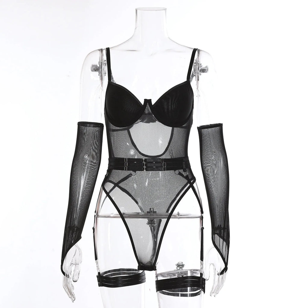 A woman's see-through black mesh jumpsuit for game wear and sukumizu fashion.