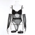 A woman's see-through black mesh jumpsuit for game wear and sukumizu fashion.