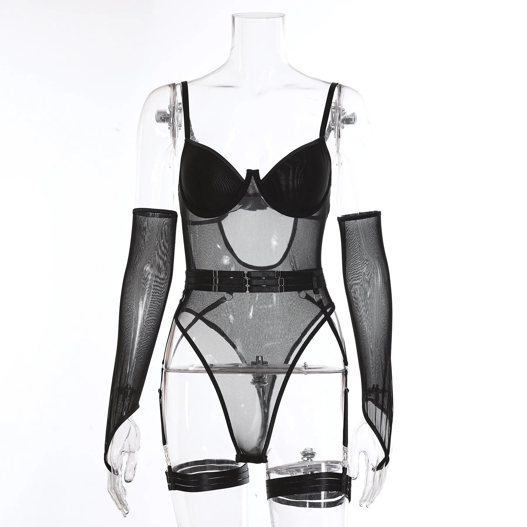 A woman's see-through black mesh jumpsuit for game wear and sukumizu fashion.