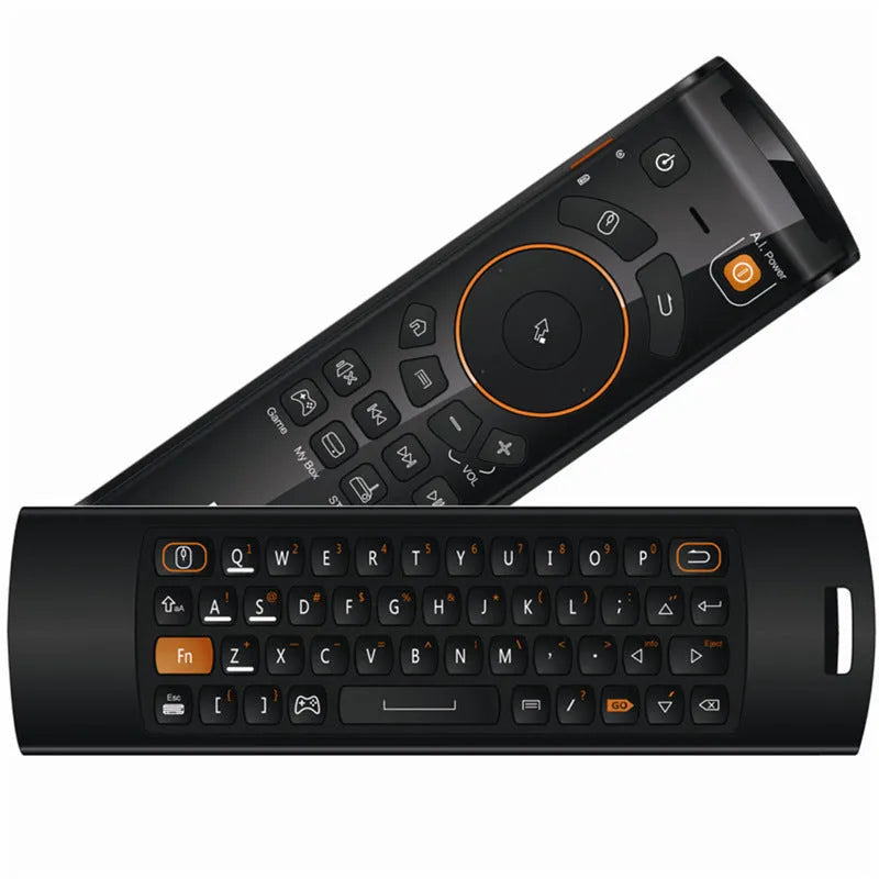 Black Mele F10 Deluxe wireless air mouse remote control with QWERTY keyboard and directional pad.