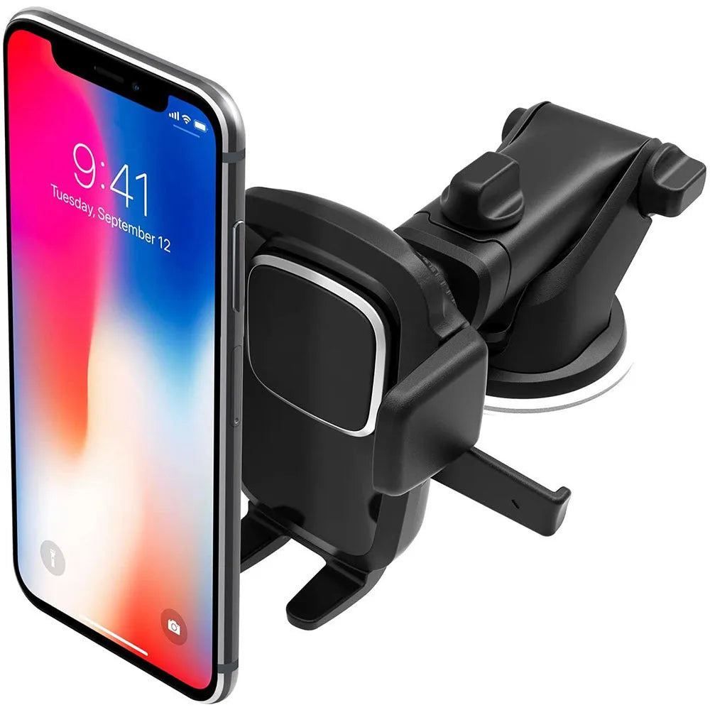 Black retractable suction cup car phone holder mounted on car dashboard
