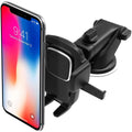 Black retractable suction cup car phone holder mounted on car dashboard