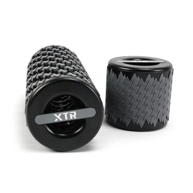 Adjustable telescopic foam roller in red colour showing extended and compacted positions