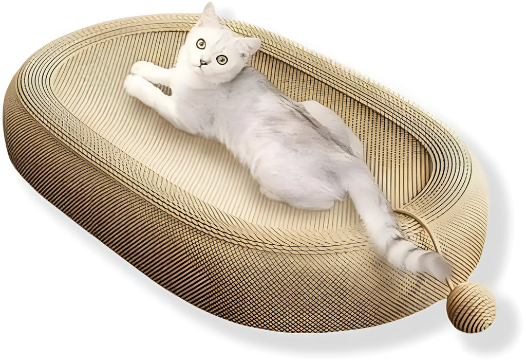 Large rectangular sisal cat scratching board with a flat lounge bed on top, shown in an adorable design.