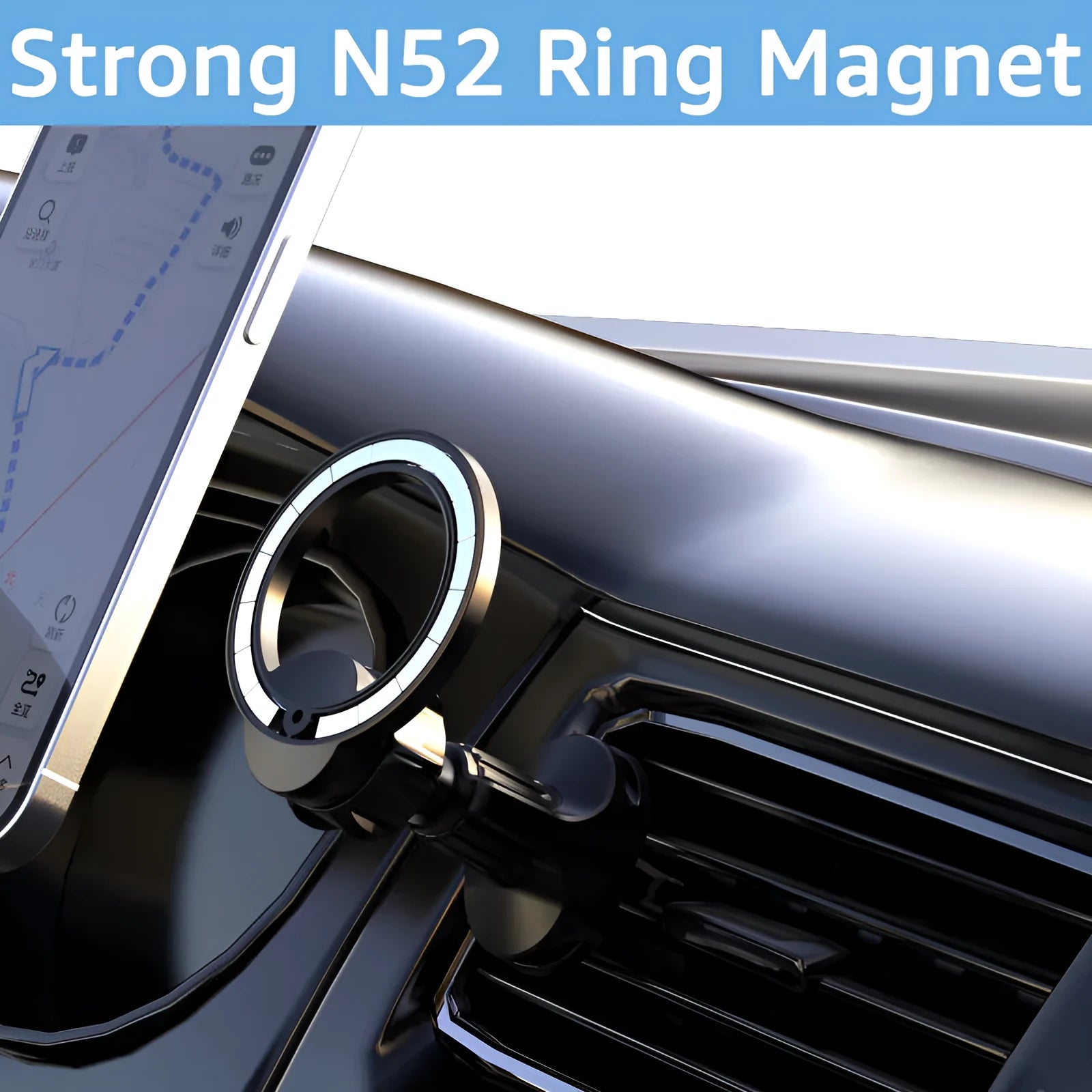 Black car air vent magnetic phone holder with O-ring bracket for mobile phones up to 6.8 inches