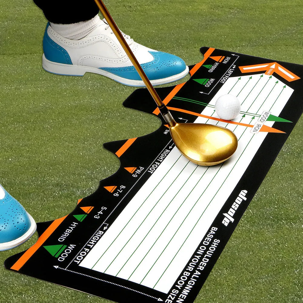 Black neoprene golf swing posture training pad on grass for stance alignment correction.