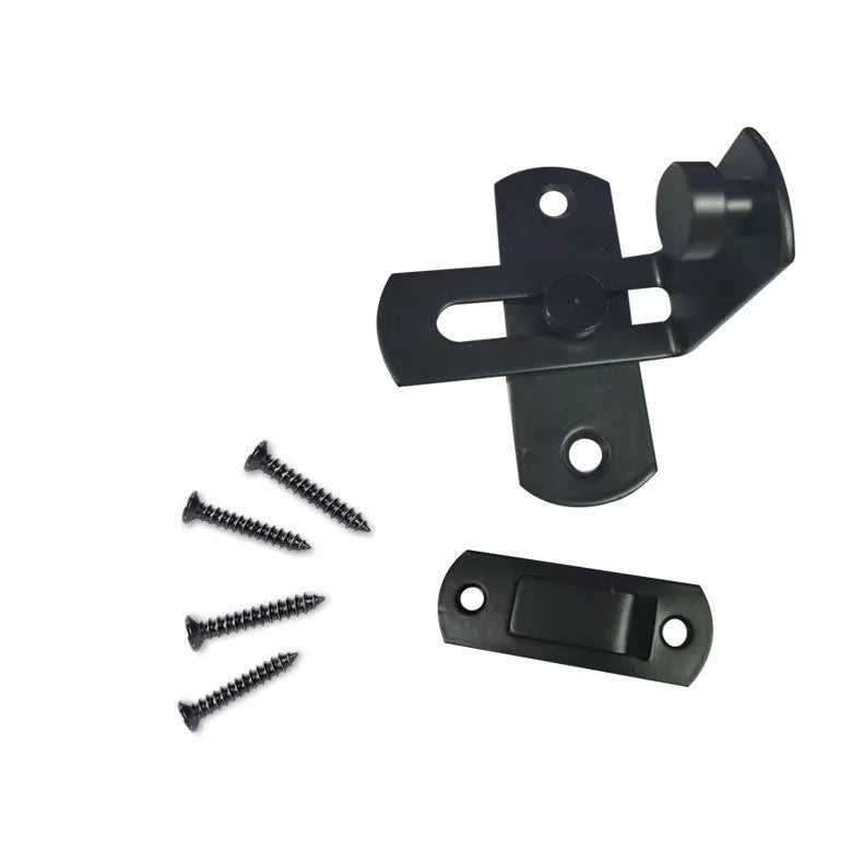 Black carbon steel sliding door hasp lock with a 90-degree buckle and flat shackle for barn doors.