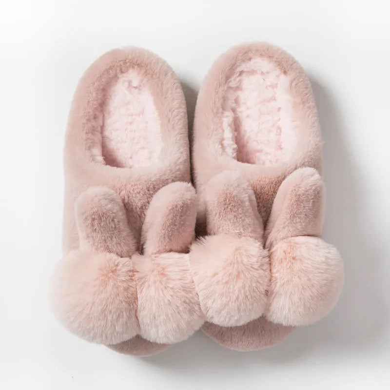 Women's rabbit fur winter slippers with high upper design and floral detail