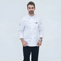 New style long sleeved cotton chef's coat for men in white, professional kitchen workwear with button front