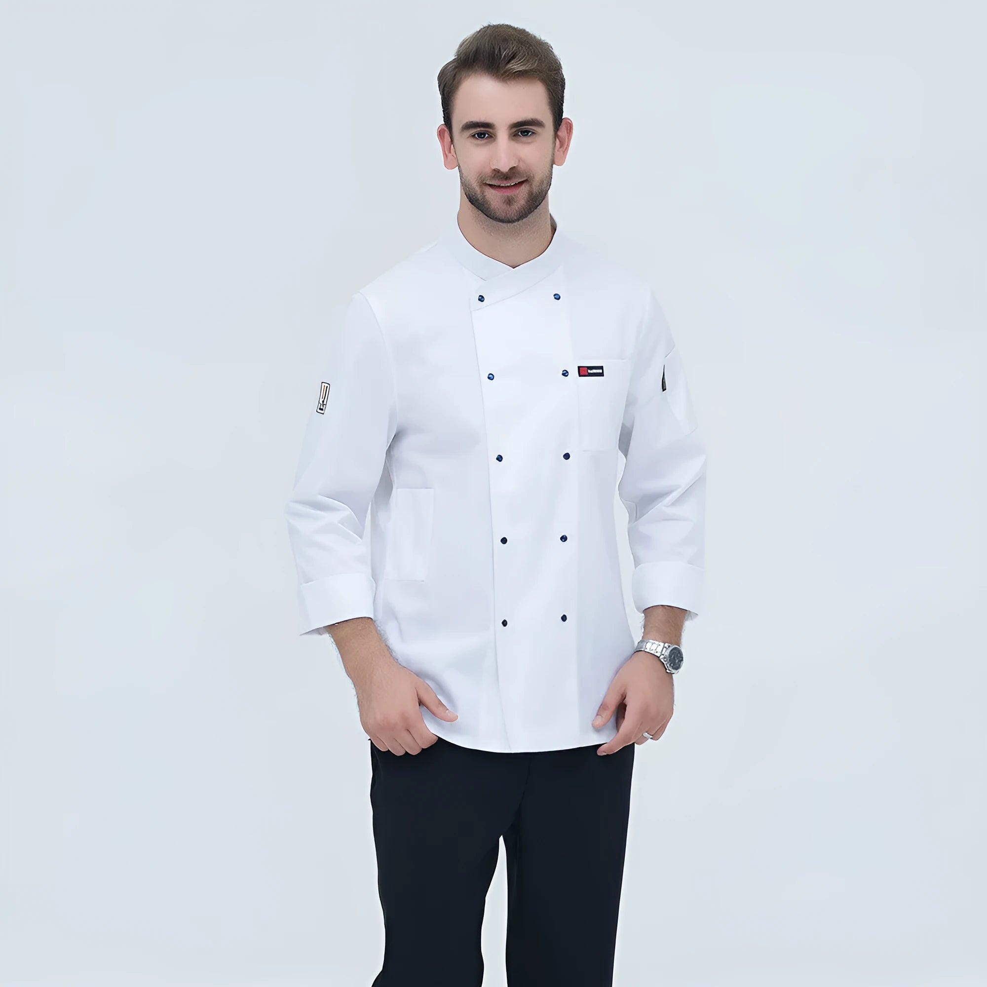 New style long sleeved cotton chef's coat for men in white, professional kitchen workwear with button front