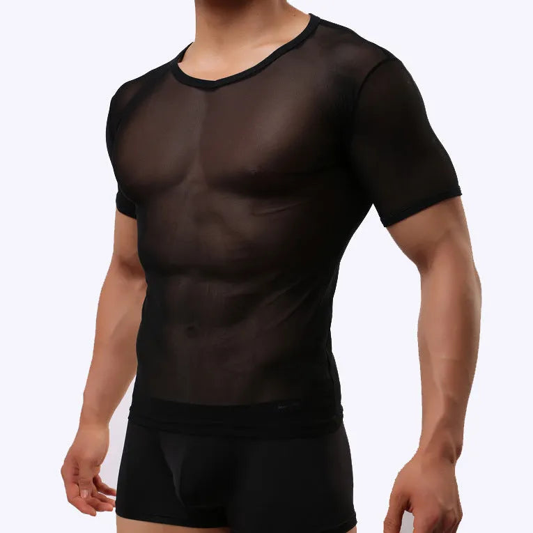 Men's slim fit transparent mesh short-sleeved t-shirt in solid colours on a hanger