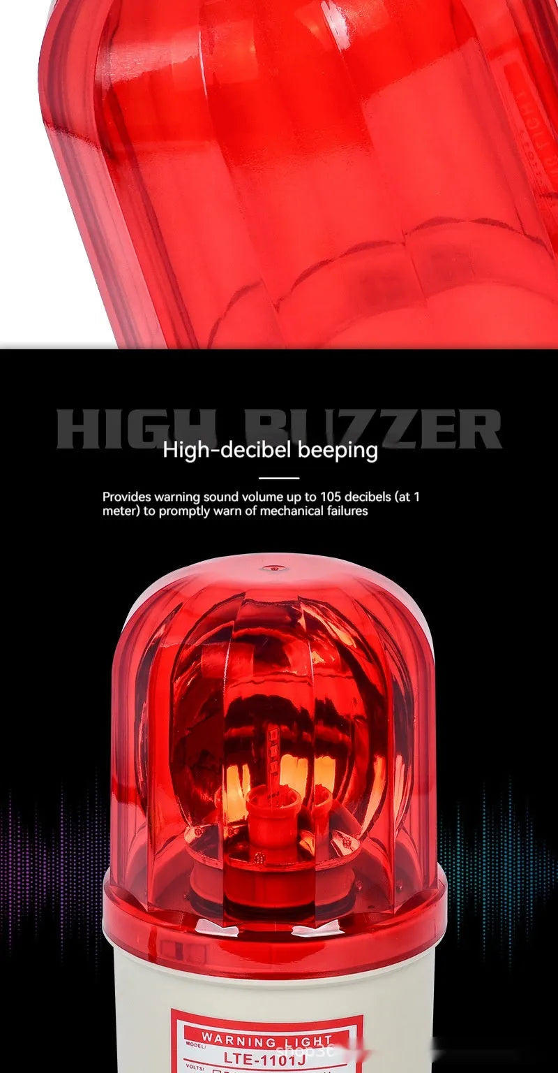 LTE-1101J industrial rotating warning light in red, yellow, or green with optional audible alarm