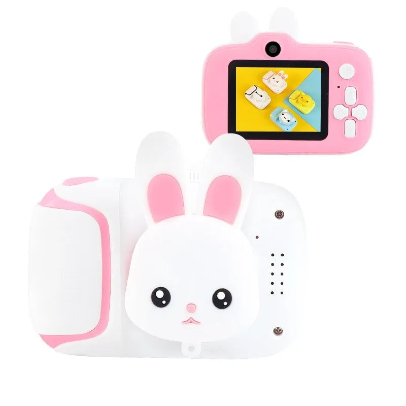 HD children's camera with 2.0 inch LCD screen in pink, showing video mode, with data cable and manual
