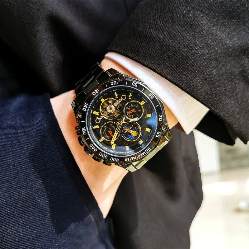 Men's automatic mechanical watch with a 12mm steel case on wrist, showing black dial and black case option.