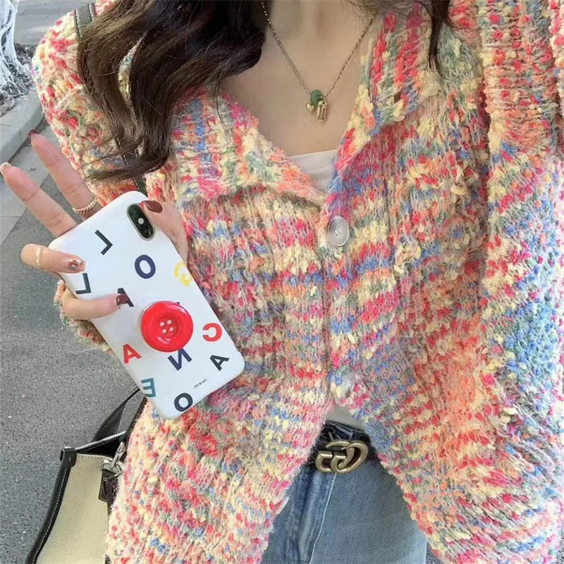 Pink and green rainbow pattern knitted cardigan sweater in retro gentle idle style