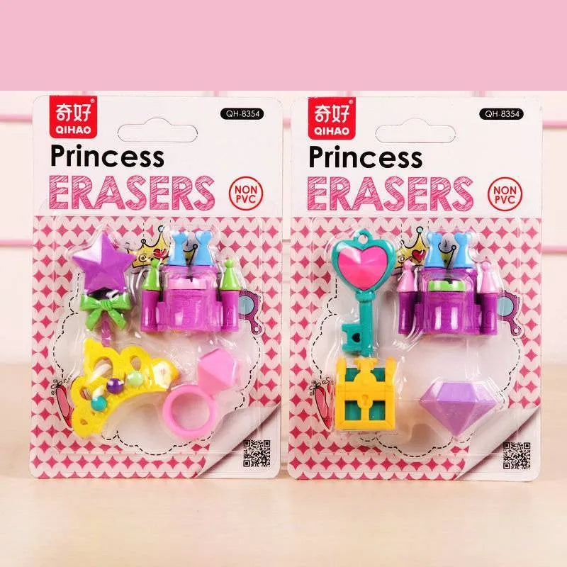 Assorted mini novelty erasers in shapes of cars, animals, food, and fantasy themes on a white background.