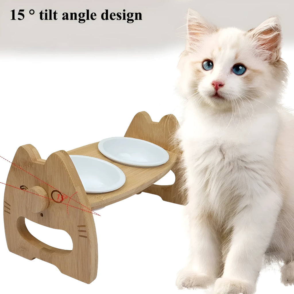 Height-adjustable ceramic double pet bowl with bamboo stand, separate bowls, non-slip base, original wood colour