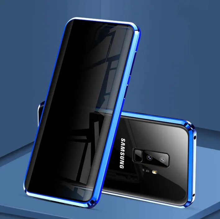 Black clamshell anti-peeping magnetic phone case for Samsung Galaxy shown open and closed.