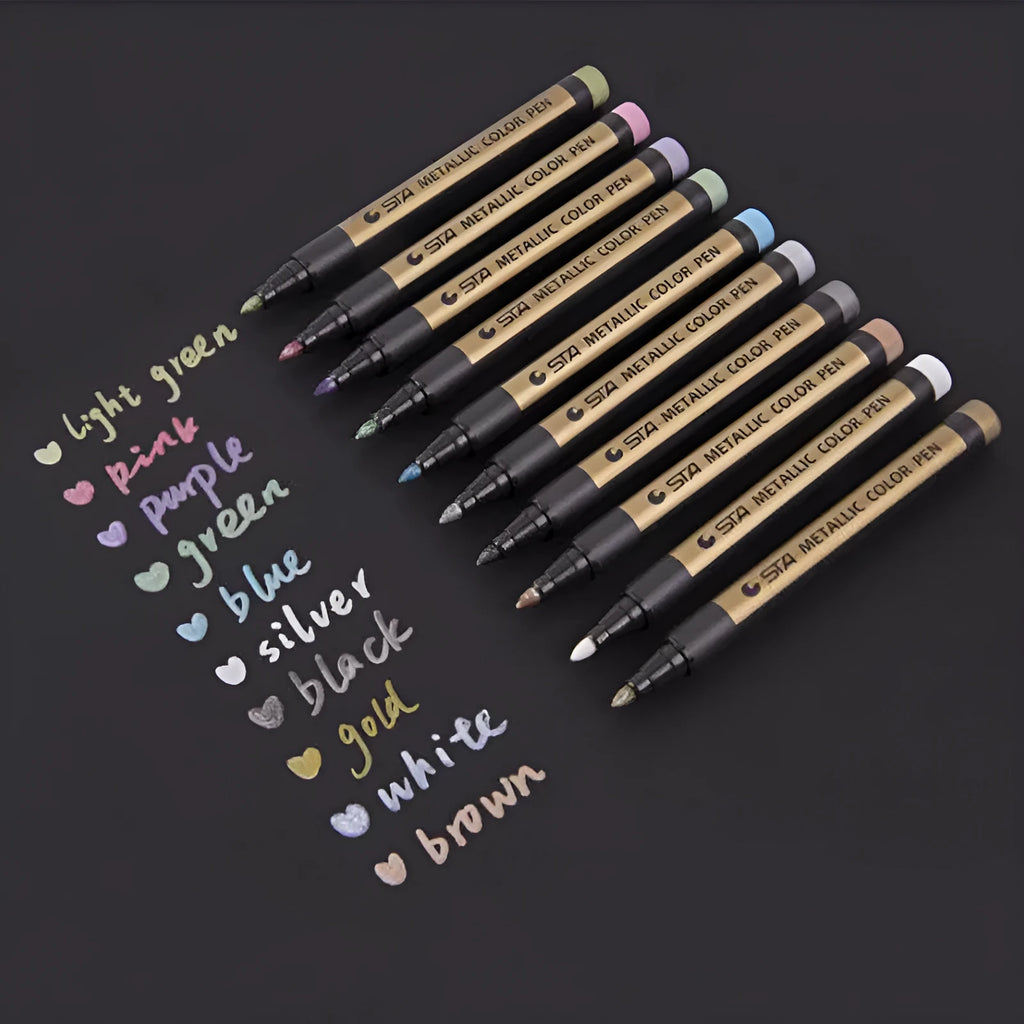 Water-based paint marker for metal and plastic, 14cm, ten colour options shown including black, red, and blue