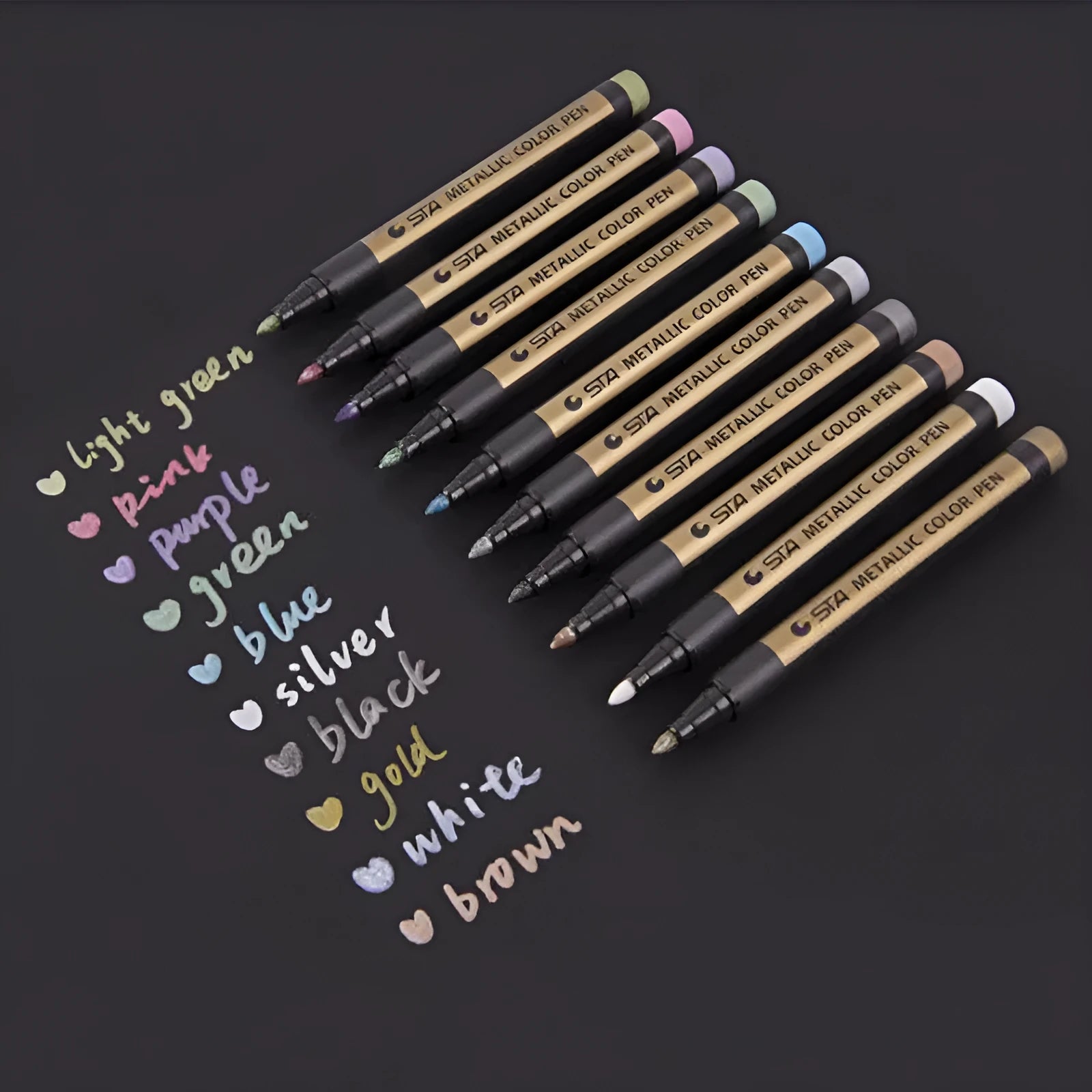Water-based paint marker for metal and plastic, 14cm, ten colour options shown including black, red, and blue