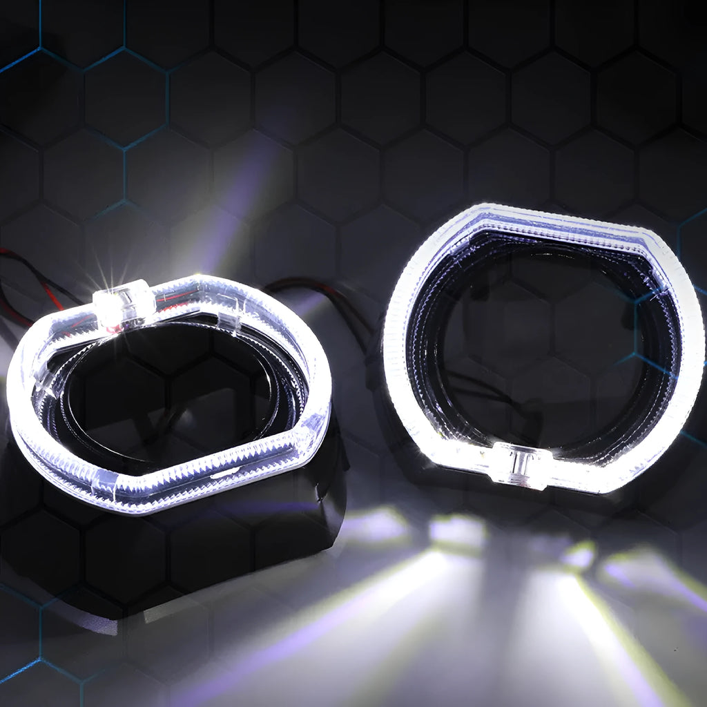 Black and silver vehicle angel eye mask light covers showing dual lens design and halo light effect.