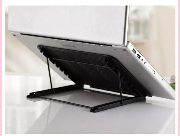 Adjustable steel laptop stand base in black, shown folded and unfolded with a tablet.