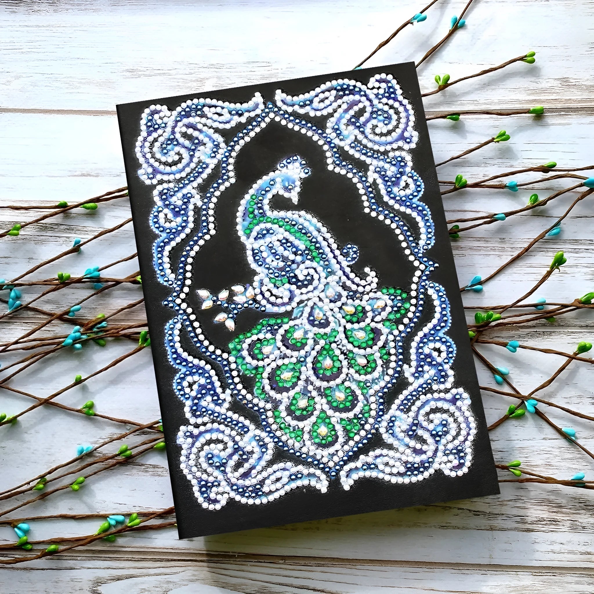 Black A5 diamond painting notebook for peacock art with shaped and bright drills.