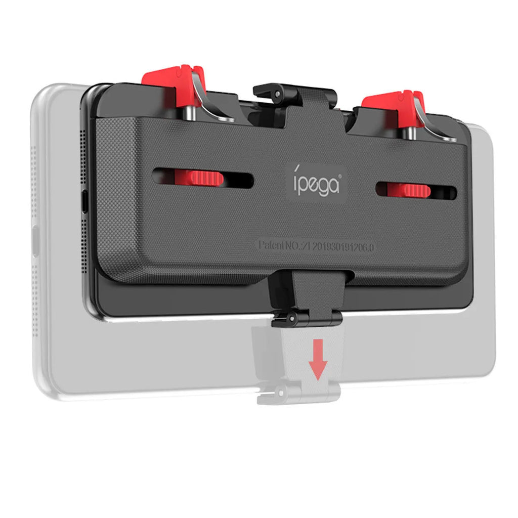Black PG-9137 mobile gaming trigger handle attached to a phone showing the hidden trigger and telescopic clip.