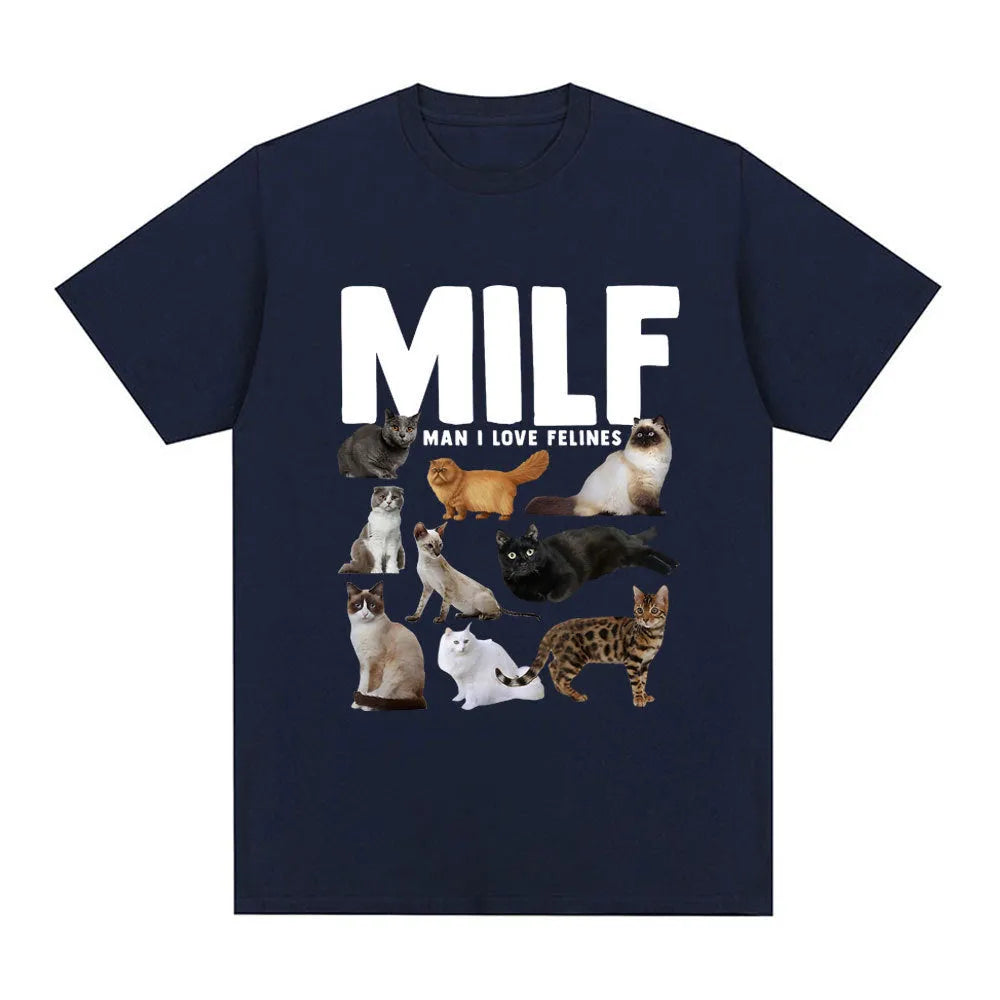 Geometric cat print on a men's casual short sleeve cotton blend t-shirt.